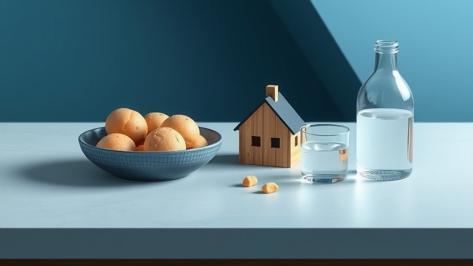 A still life photograph of whole and house and water on a plain table